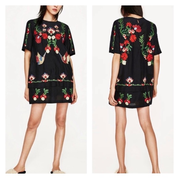 Zara Dresses & Skirts - Zara Woman Embroidered Boho Floral Tunic Mini Dress